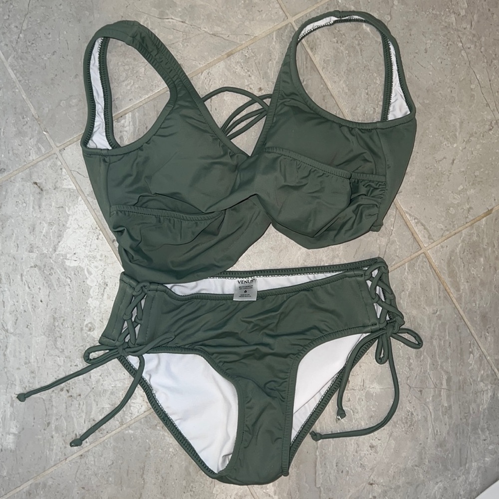 Venus army green bathing suit set. Size 6 bottoms. Size small top.